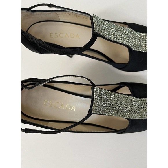 ESCADA Crystal Jeweled Satin T-Strap Heeled Shoes Size 39.5/9 US Peep Toe - Picture 3 of 13
